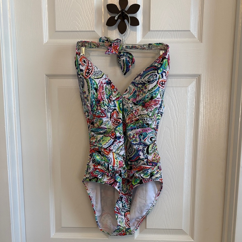 Lauren Ralph Lauren Colorful Paisley One piece Hi-Cut Swimsuit Est. Size 12 EUC